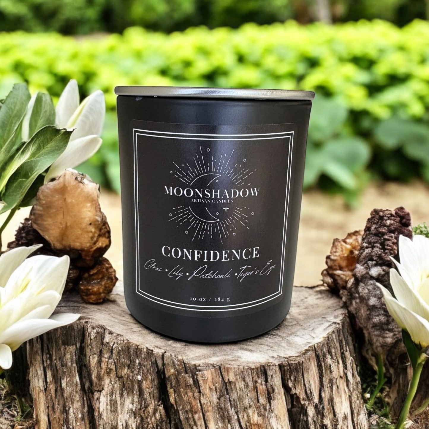 Luxurious Confidence Crystal Intention Candle - Eco-Friendly Amber & Patchouli Scented with Tiger’s Eye Healing Crystals