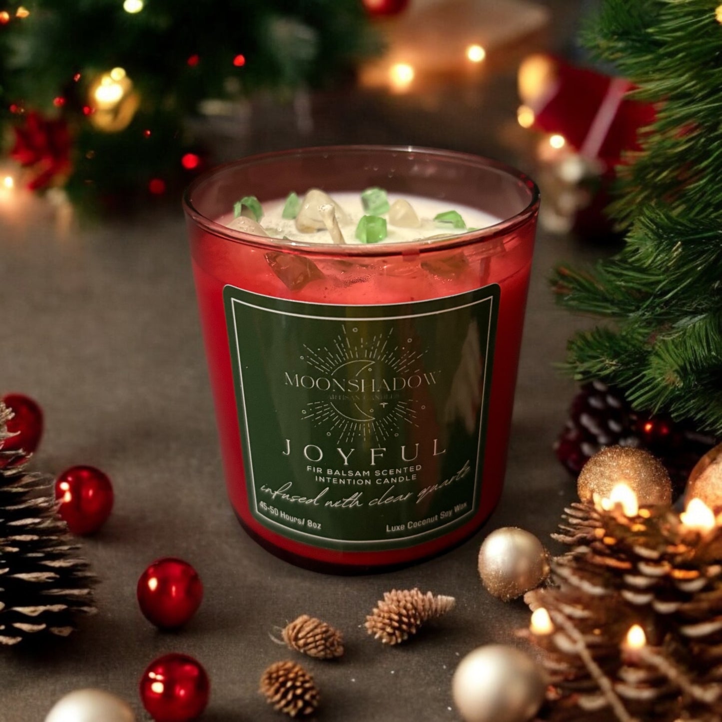 Holiday 2024 Joyful Crystal Intention Candle: Elegant Red Tumbler Jar with Fir Balsam Fragrance and Healing Quartz