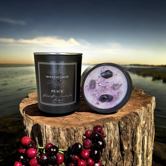 Peace Crystal Intention Candle - Luxurious Lavender Scented with Amethyst Healing Crystals in a Sleek 10 oz Black Matte Tumbler Jar