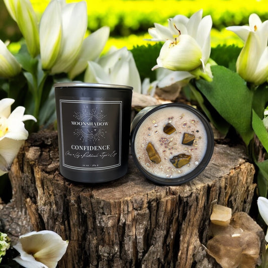 Luxurious Confidence Crystal Intention Candle - Eco-Friendly Amber & Patchouli Scented with Tiger’s Eye Healing Crystals