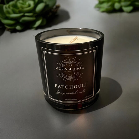 Luxury Patchouli Scented Candle in Glossy Black Tumbler Jar, 7oz Soy Wax Blend with Cotton Wick