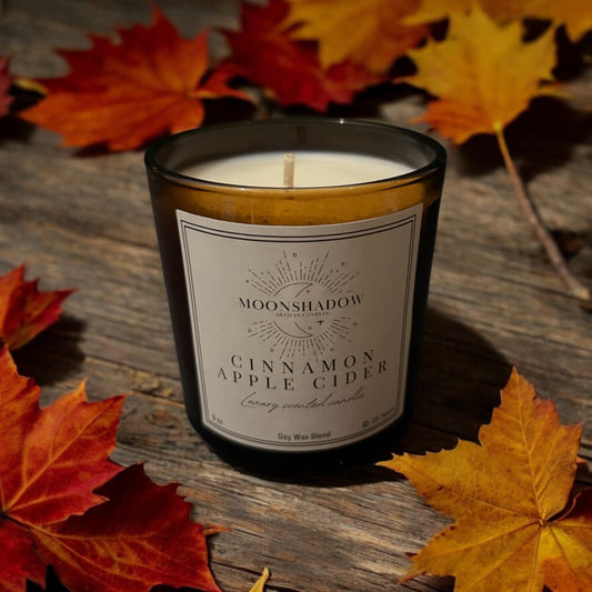 Luxury Fall Cinnamon Apple Cider Scented Soy Wax Candle in a Sleek Glossy Amber Tumbler Jar