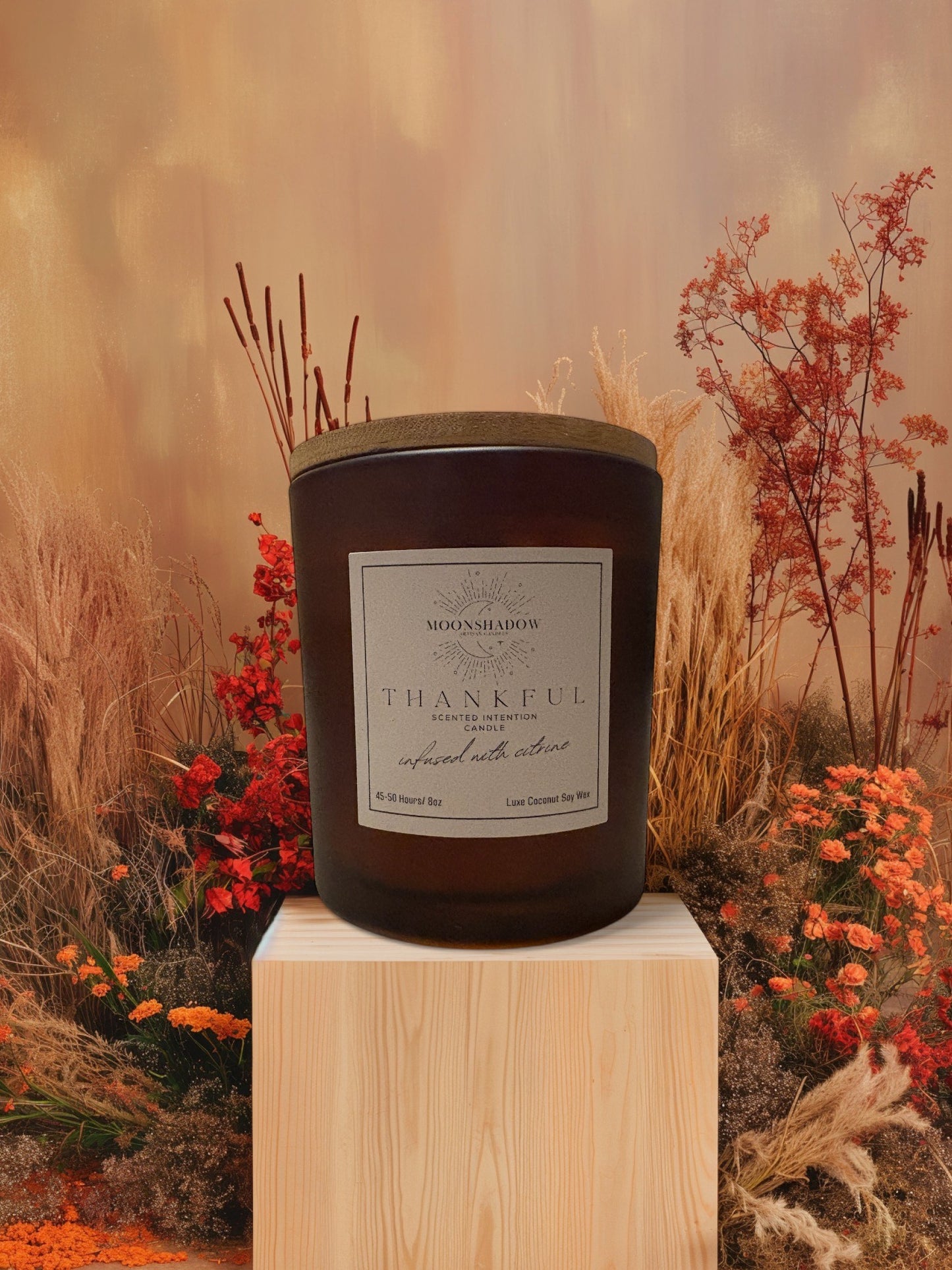 Fall 2024 Luxurious Thankful Crystal Intention Candle- Amber Jar, Citrine Healing Crystals - Modern, Eco-Friendly